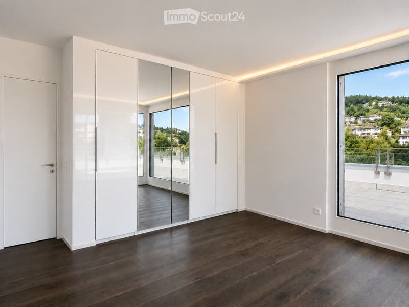 Empty room with white walls, dark wooden floor, large mirrored wardrobe, and large window offering scenic view.