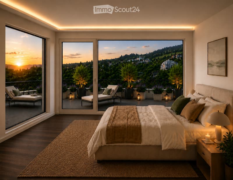 Elegant bedroom with a large bed, nightstand, lamp, and a view of a scenic landscape through expansive windows. A balcony with lounge chairs and potted plants is visible through the windows.