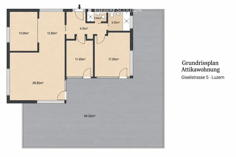 Floor plan of an attic apartment with multiple rooms including a living area, bedrooms, and bathrooms.