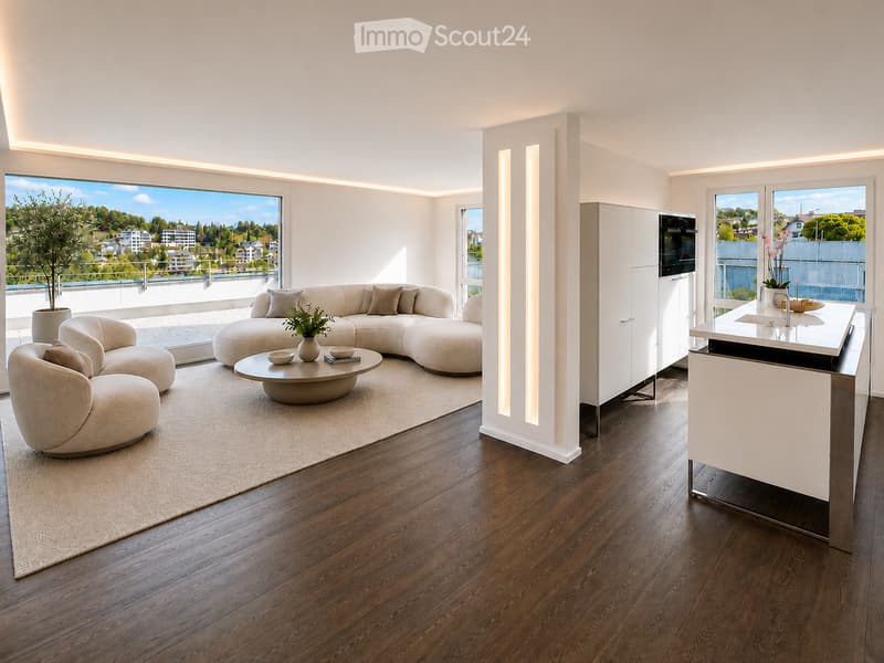 Modern open-plan living and dining area with a curved sofa, coffee table, chairs, and a kitchen island with a sink and cabinets. Large windows offer a scenic view of the city and lake.