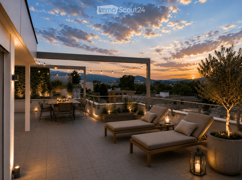 A rooftop terrace with a dining area and lounge chairs, overlooking a cityscape at sunset.