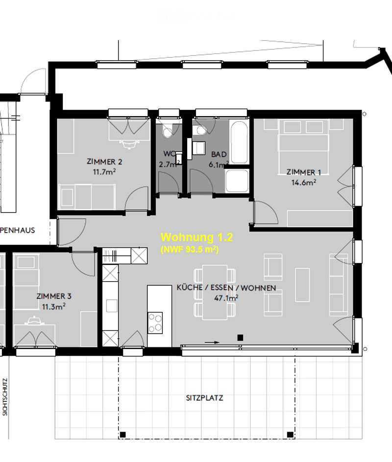 Floor plan of a residential unit with four bedrooms, a bathroom, a kitchen, and a living/dining area. The layout includes labeled rooms and dimensions.