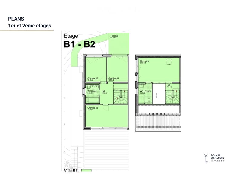 Floor plan of two levels showing three bedrooms, a hall, a WC/bathroom, a mezzanine, and a terrace.