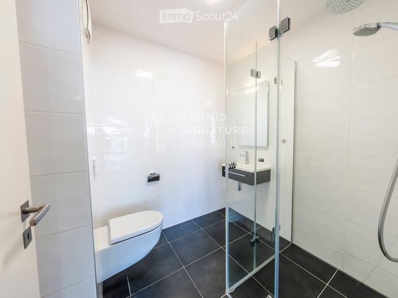 Modern bathroom with white tiles, black floor, glass shower enclosure, toilet, sink, and mirror.