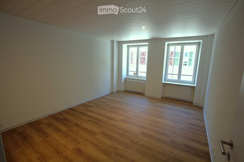 Empty room with wooden flooring, white walls, and two windows with radiators beneath them.