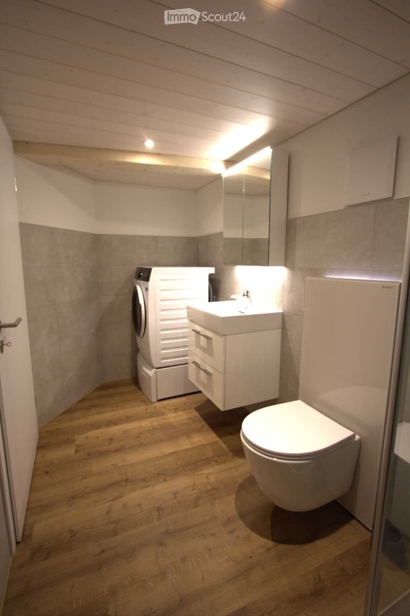 Modern bathroom with wooden flooring, white toilet, sink, washing machine, and a large mirror with built-in lighting.