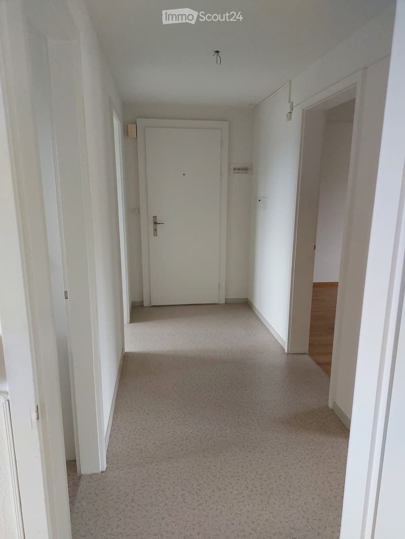 Empty hallway with white walls, carpeted floor, and two doors, one leading to a room with wooden flooring.
