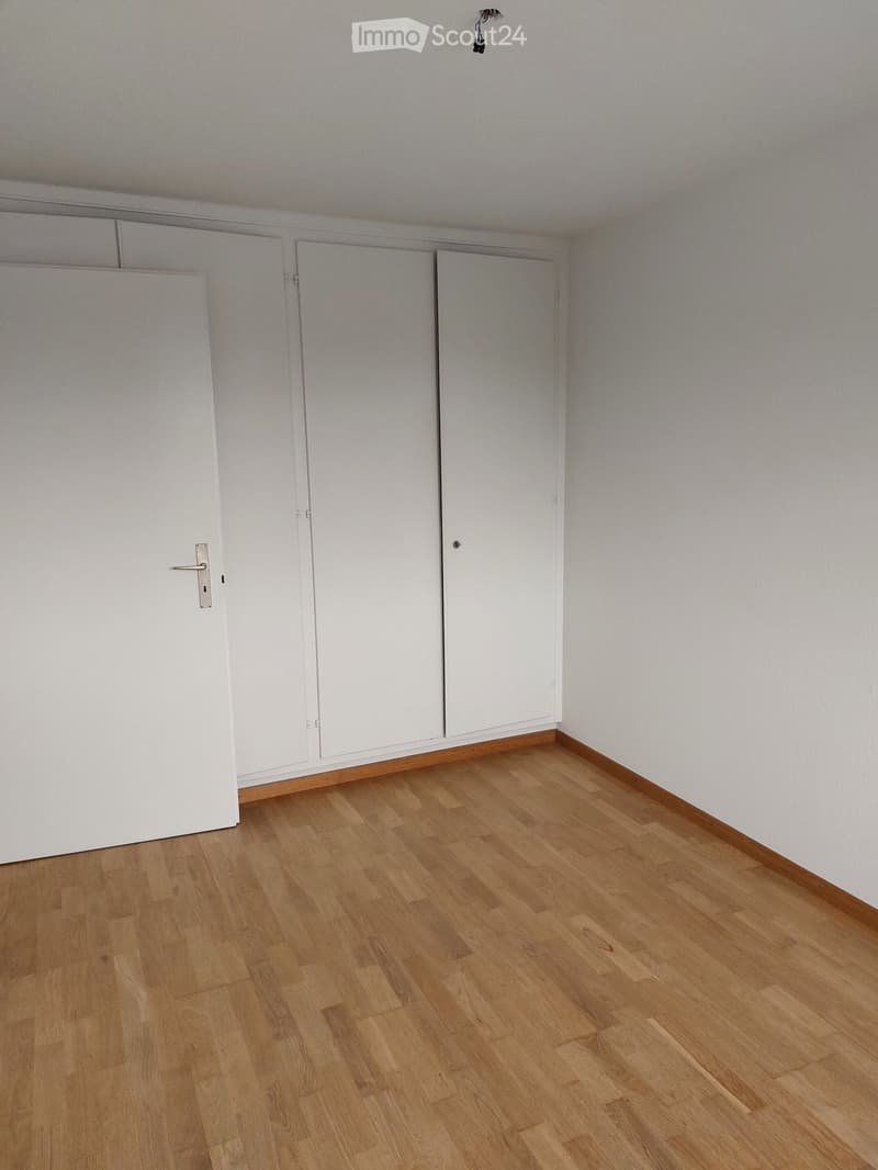 Empty room with light wooden flooring and white walls, featuring built-in white cabinets and a closed door.