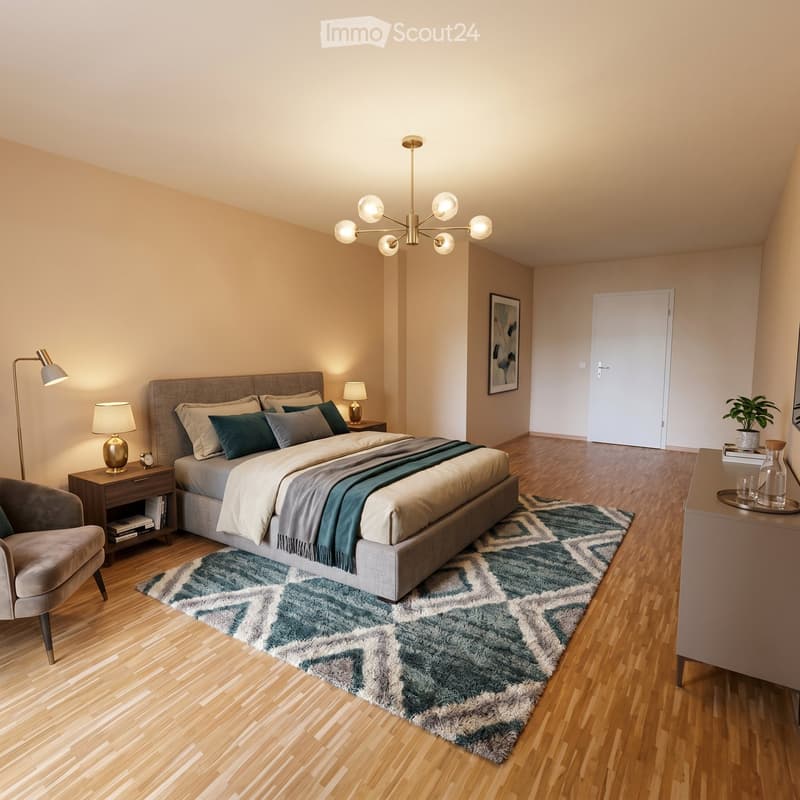 Modern bedroom with a large bed, nightstands, a chair, and decorative lamps. The room features a patterned rug, wooden flooring, and a plant on a side table.