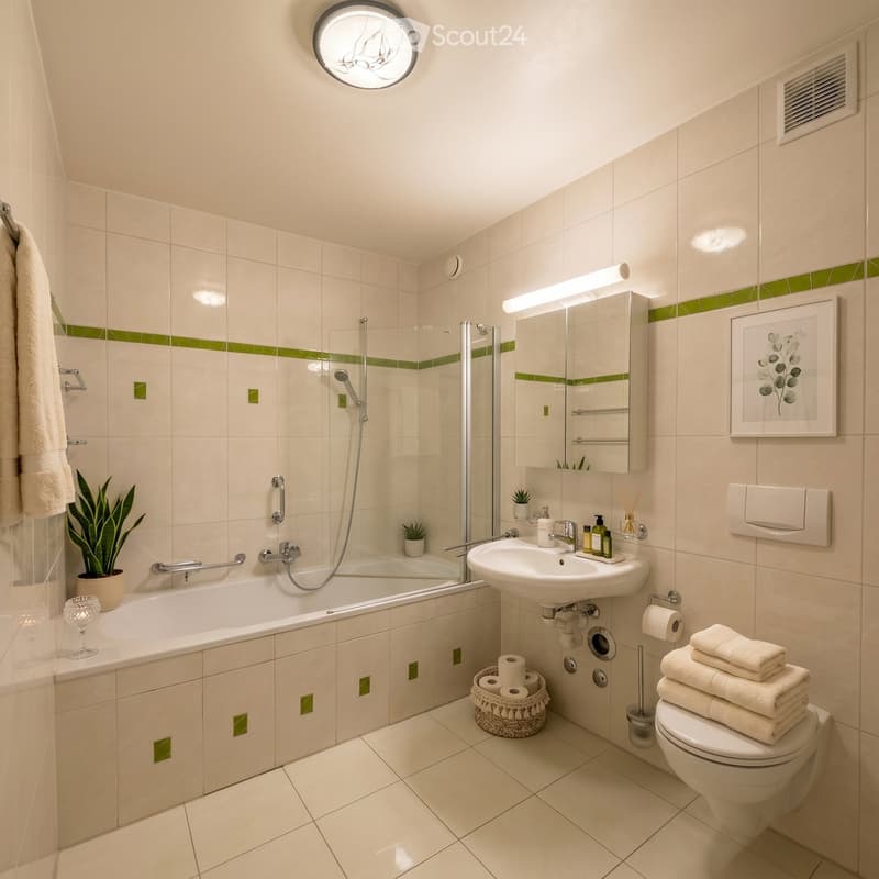 Modern bathroom with white tiles, bathtub, sink, toilet, mirror, and decorative plant. Features a glass-enclosed shower area and neatly arranged towels.