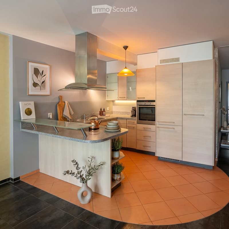 Modern kitchen with white cabinets, stainless steel appliances, granite countertop, pendant light, and decorative items including a vase and potted plants.