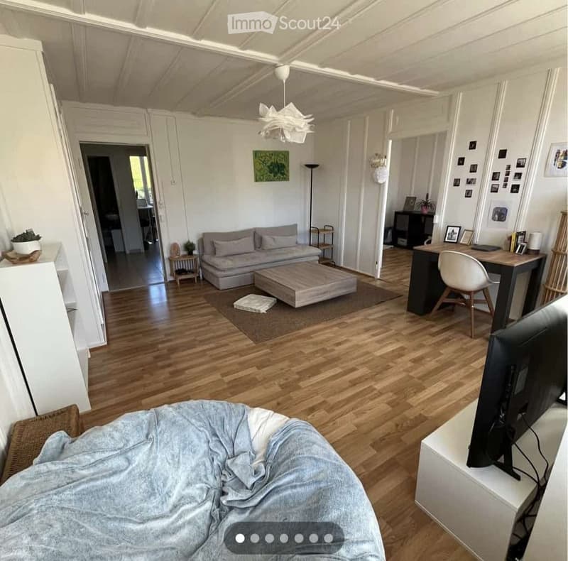 A modern living room with wooden flooring, a grey sofa, coffee table, and a desk area with a chair and screen. The room features a hanging decorative light fixture and several picture frames on the wall.