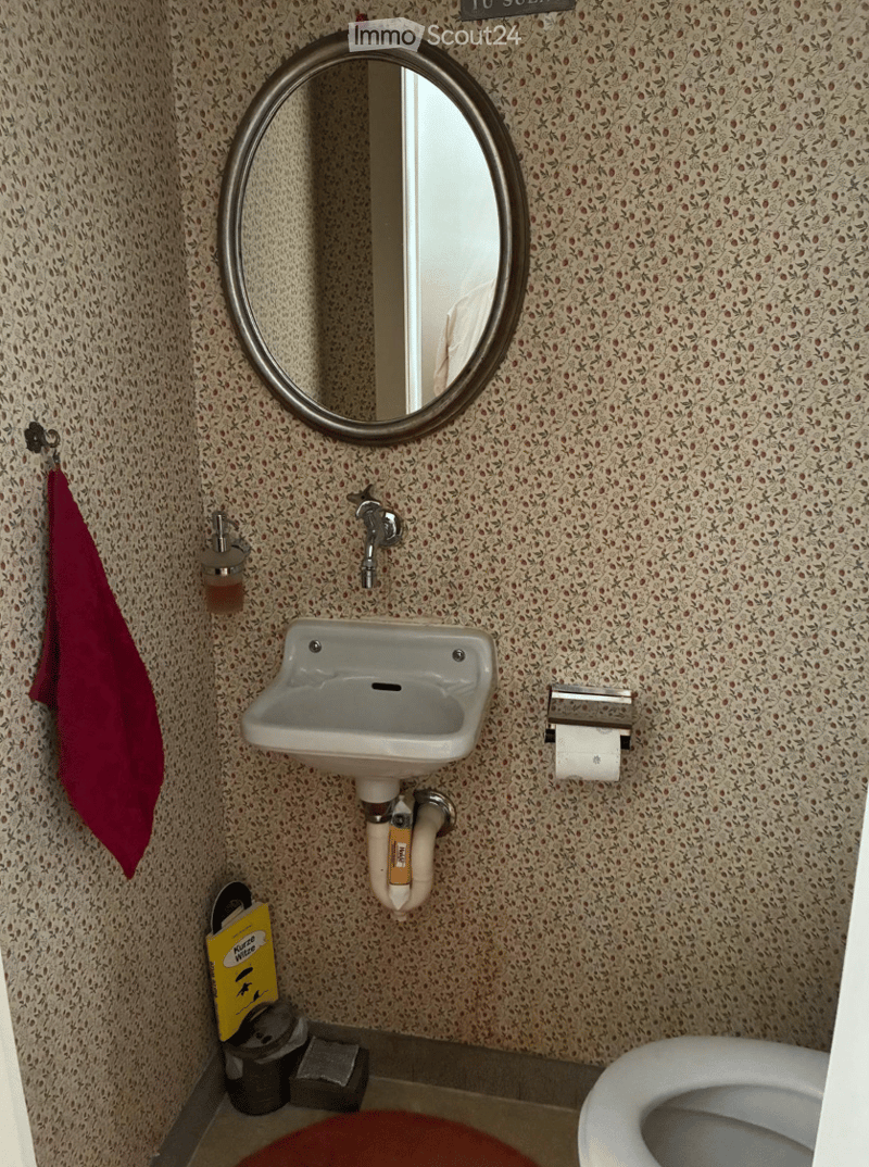 Small bathroom with floral wallpaper, a white sink, a red towel, a mirror, and a toilet. A yellow book is placed on the floor near the toilet.