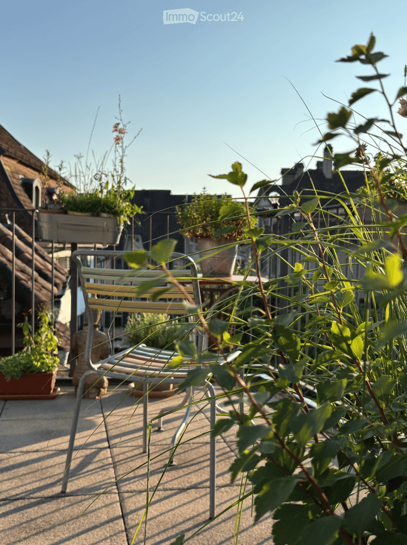 A rooftop terrace with potted plants, a metal chair, and a small table, surrounded by greenery and overlooking a cityscape.
