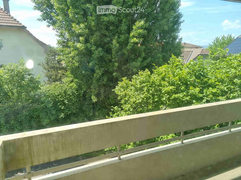 Balcony with wooden railing overlooking a lush green garden and neighboring houses.