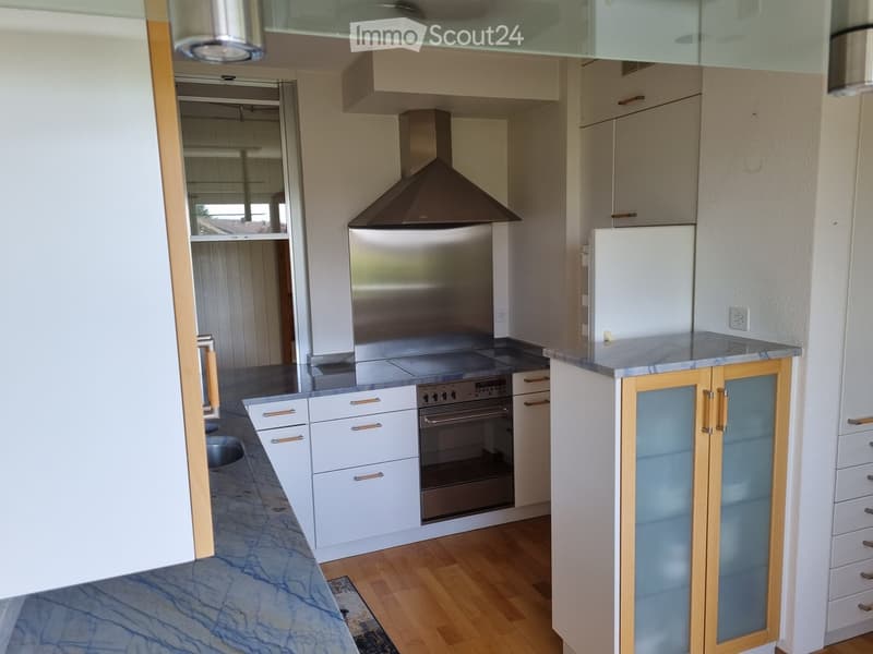 Modern kitchen with white cabinets, stainless steel appliances, marble countertops, and wooden flooring.