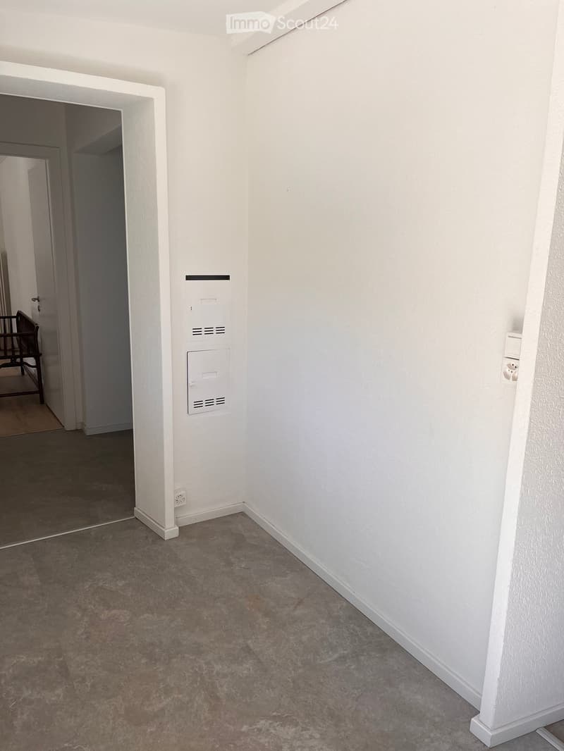 Empty hallway with white walls, carpeted floor, and a door leading to another room. Electrical outlets and a small panel are visible on the wall.