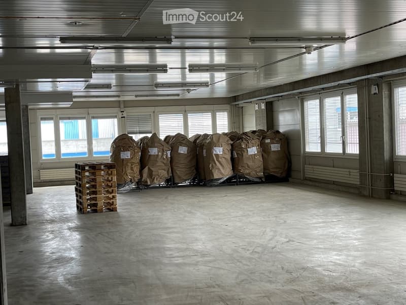 Empty room, high ceilings, fluorescent lighting, windows with blinds, concrete pillars, floor loaded with storage boxes