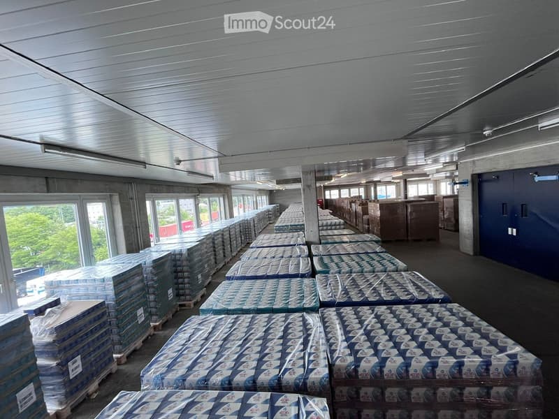 large warehouse, storage area, many pallets, sealed boxes, windows
