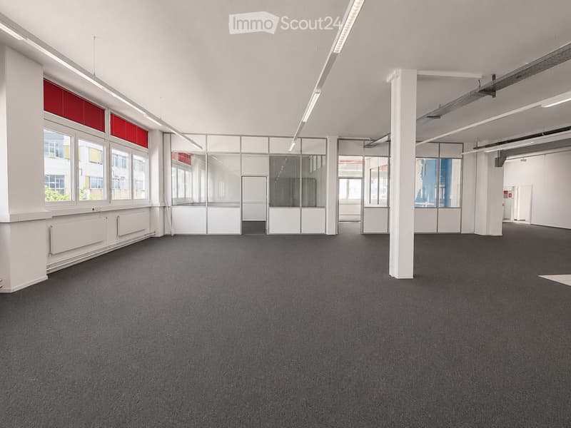 Empty room with grey carpeted floor, white walls, large windows, and white partition walls. No furniture or equipment present.