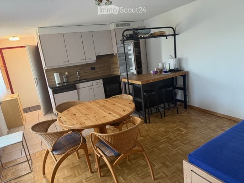 The image shows a modern, open-plan kitchen and dining area. The kitchen features light grey cabinets, a black countertop, and built-in appliances including a sink, fridge, and dishwasher. A wooden bar counter with bar stools is positioned against the wal