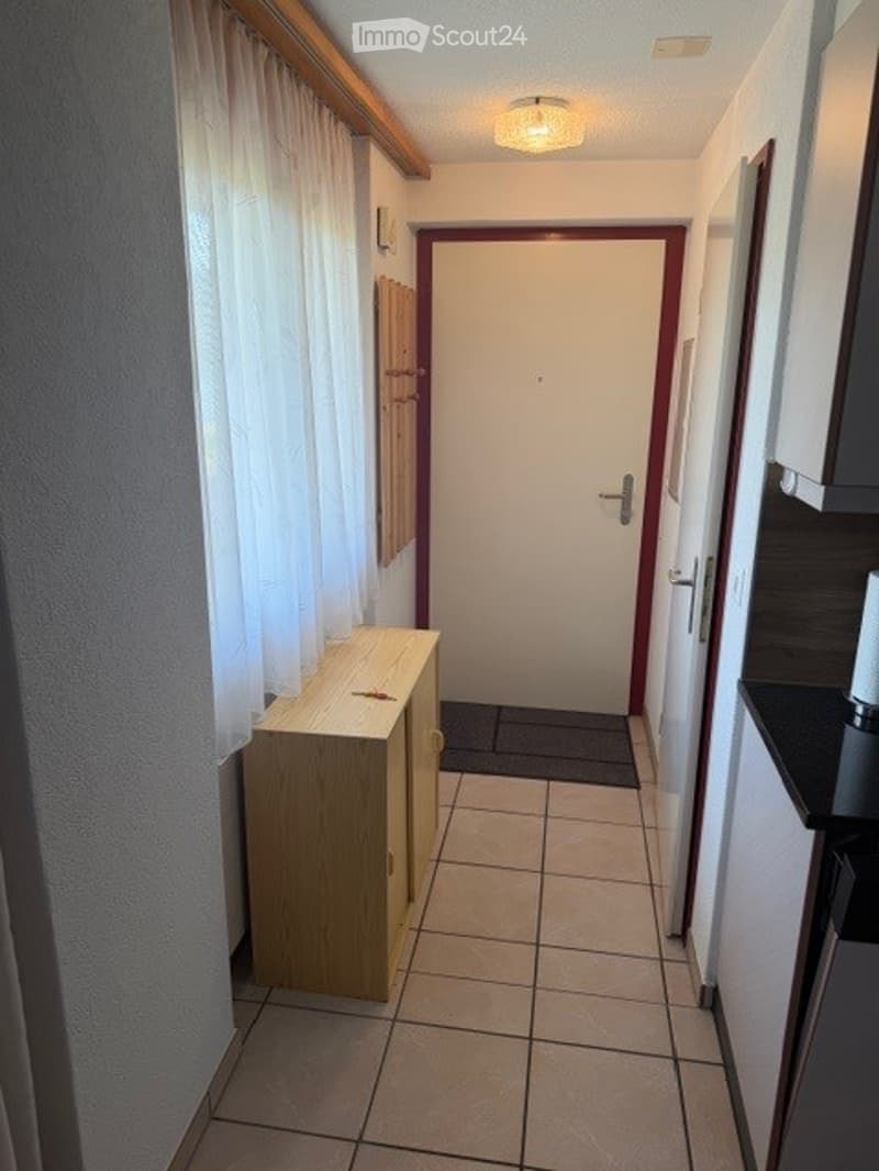 Narrow hallway with tiled floor, white walls, a closed door, a small wooden cabinet, and a curtain on the left side.