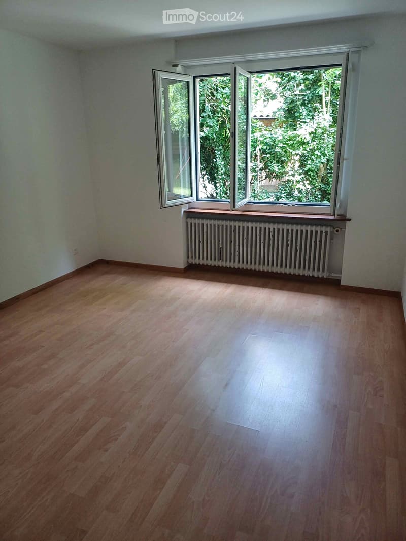 Empty room with wooden flooring, white walls, and large windows with open shutters, showing a view of greenery outside.
