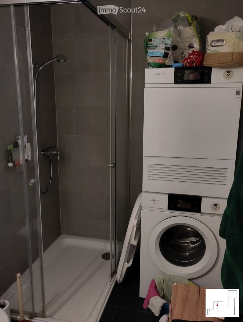 Bathroom with a shower area, washing machine, and dishwasher stacked together. A towel is draped over the washing machine, and a shower shelf holds toiletries.