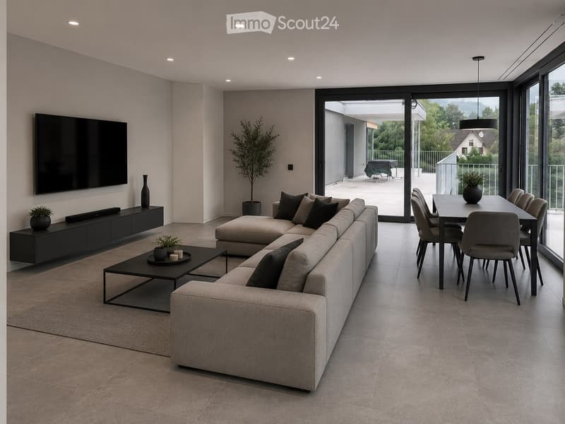 Modern living and dining area with a grey sectional sofa, coffee table, dining table with chairs, TV, and decorative vases.