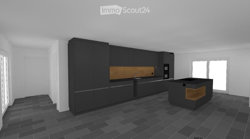 Modern kitchen with black cabinets, a central island, and a sleek design. The space features a dark tiled floor and large windows allowing natural light.