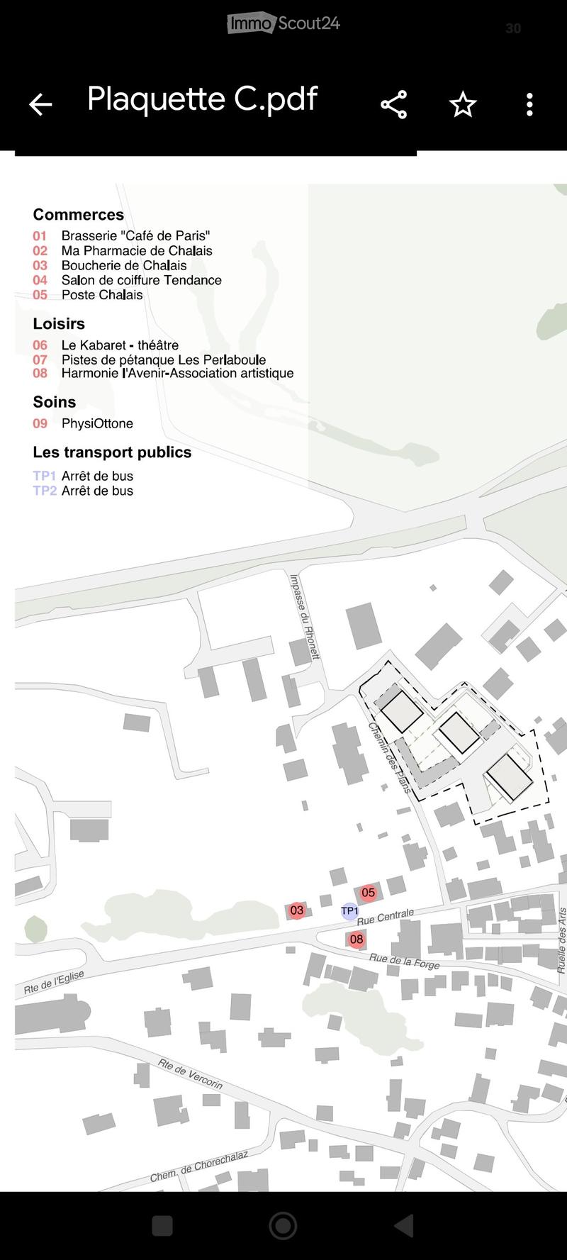 Floor plan showing a layout of buildings and streets, including labeled commercial, leisure, and health facilities, as well as public transport stops.