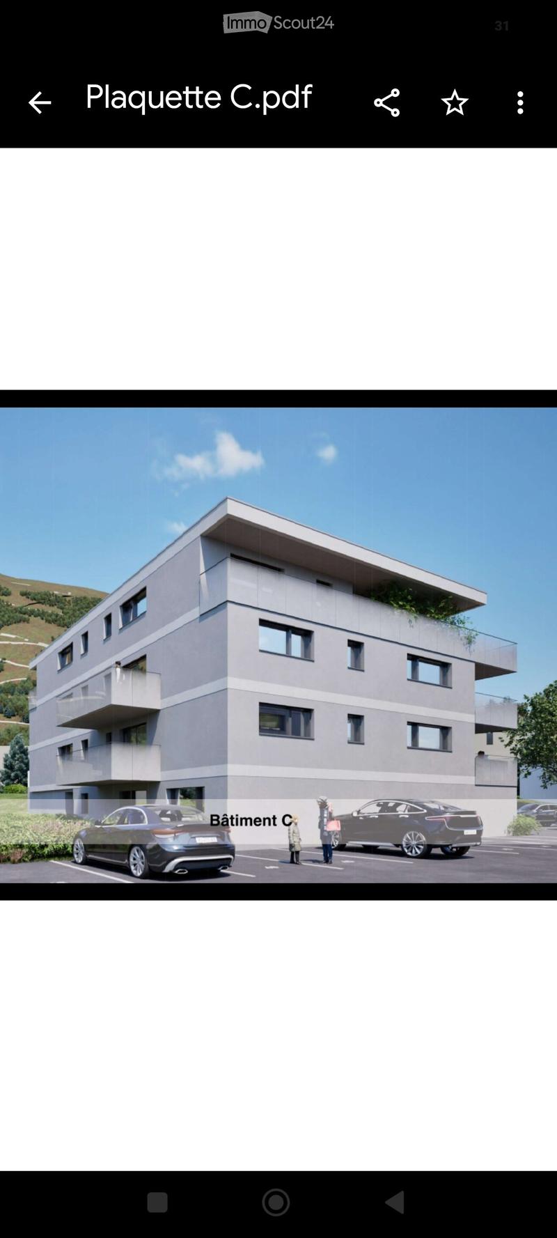 Modern multi-story residential building with balconies, large windows, and a rooftop terrace. Two cars are parked in the foreground, and two people are standing near the entrance.