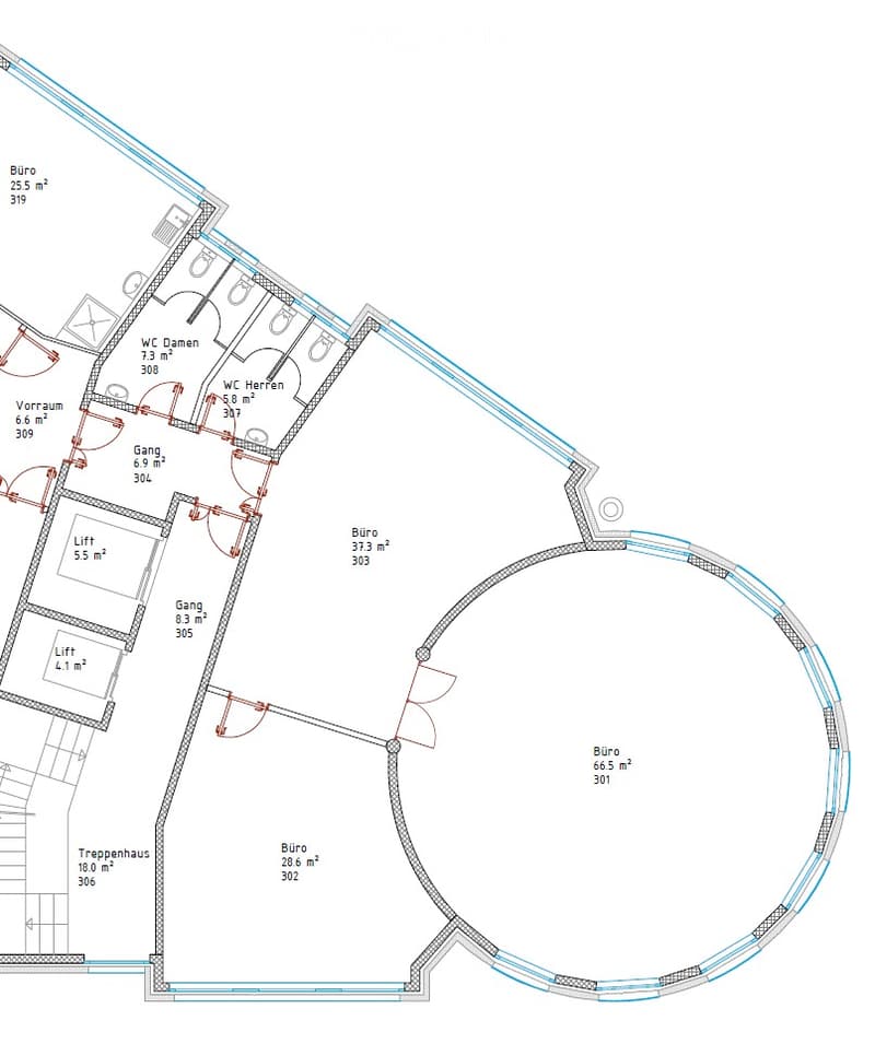 Floor plan showing multiple rooms including offices, bathrooms, corridors, and staircases. Rooms are labeled with dimensions and room numbers.