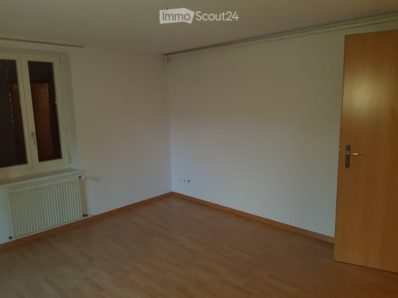 Empty room with wooden flooring, white walls, a window with a radiator below, and a closed wooden door.