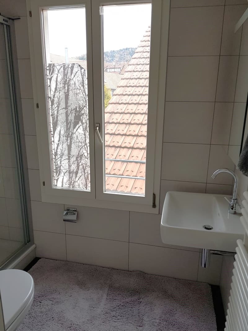 Modern bathroom with white tiled walls, a white sink with a chrome faucet, a toilet, and a radiator. The room features large windows offering views of the roof and surrounding trees.
