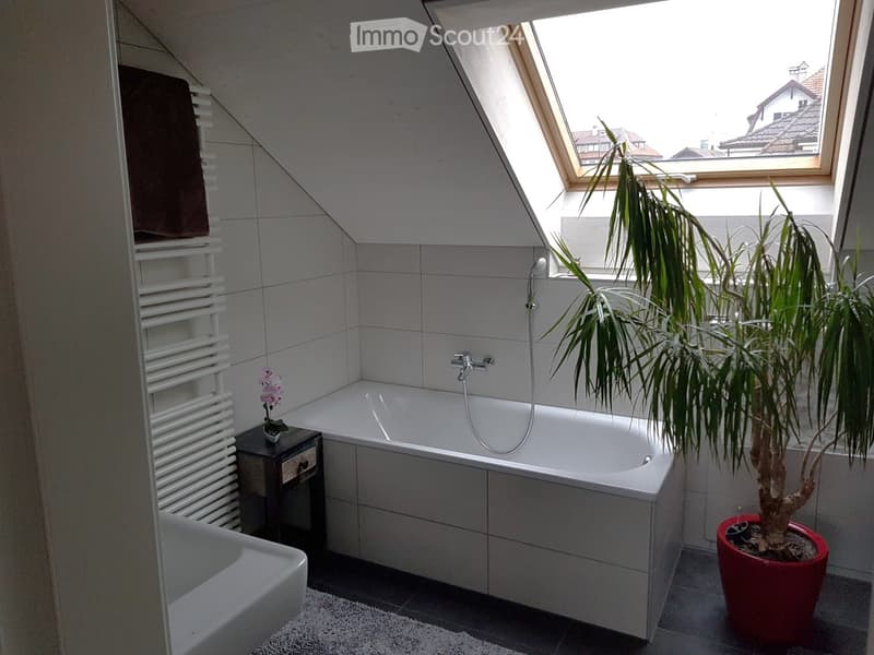 Modern bathroom with a bathtub, sink, towel rack, small table with a flower, and a potted plant near a skylight window.