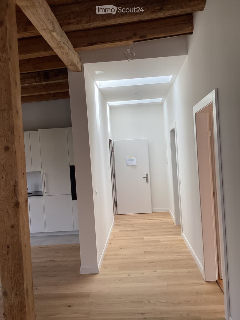Bright, minimalist hallway with wooden flooring, white walls, and exposed wooden beams on the ceiling. Features recessed lighting and a skylight at the far end.
