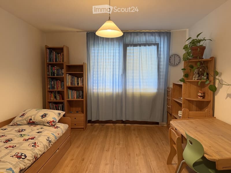 A small, well-lit bedroom with a single bed, a wooden table with chairs, bookshelves, and a potted plant on a shelf.