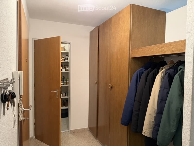Empty closet with wooden doors, built-in wardrobe, and small shelf unit. No furniture or personal items visible.