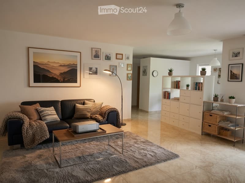Modern living room with a dark leather sofa, wooden coffee table, floor lamp, bookshelf, and decorative picture frames.