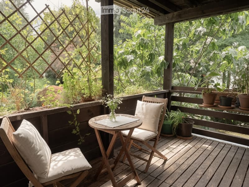 Wooden balcony with a small round table, two chairs, and potted plants, surrounded by lush greenery.