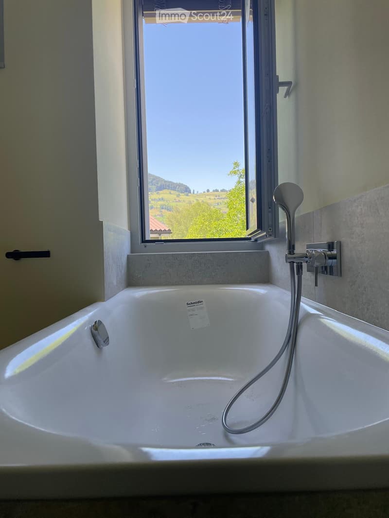 Bathtub with a handheld shower hose, modern faucet, and a large window overlooking a scenic landscape.