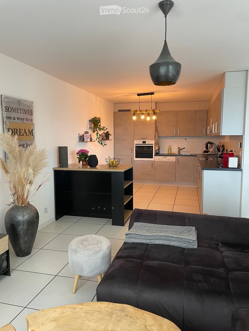 Open-plan living and dining area with a dark grey sectional sofa, a wooden coffee table, a round sheepskin stool, and a tall vase with dried plants. The kitchen features light wood cabinets, stainless steel appliances, and a central island with bar stools