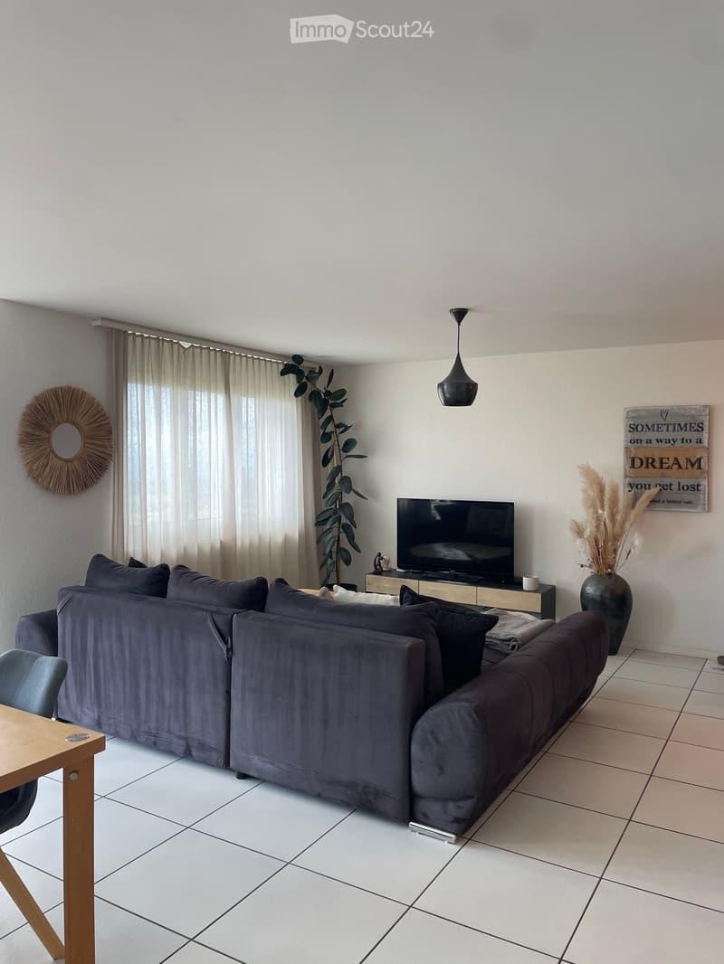 Modern living room with a large grey sectional sofa, wooden coffee table, TV stand, pendant light, and decorative elements including a mirror and vase.