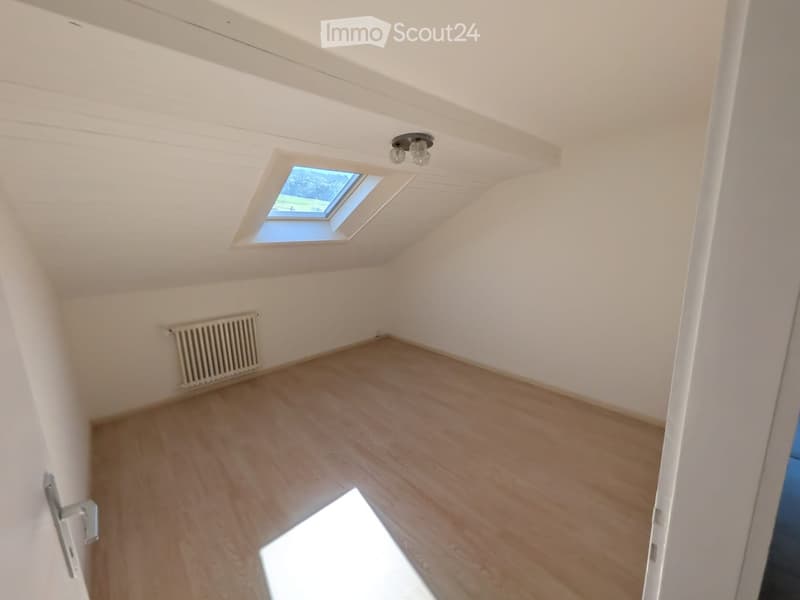 Empty room with wooden flooring, white walls, a skylight window, and a radiator on one wall.