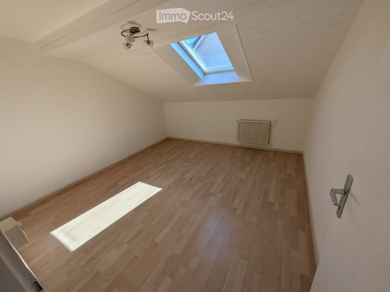 Empty room with wooden flooring, white walls, and a skylight window letting in natural light. A radiator is mounted on one wall, and a door handle is visible on the adjacent wall.