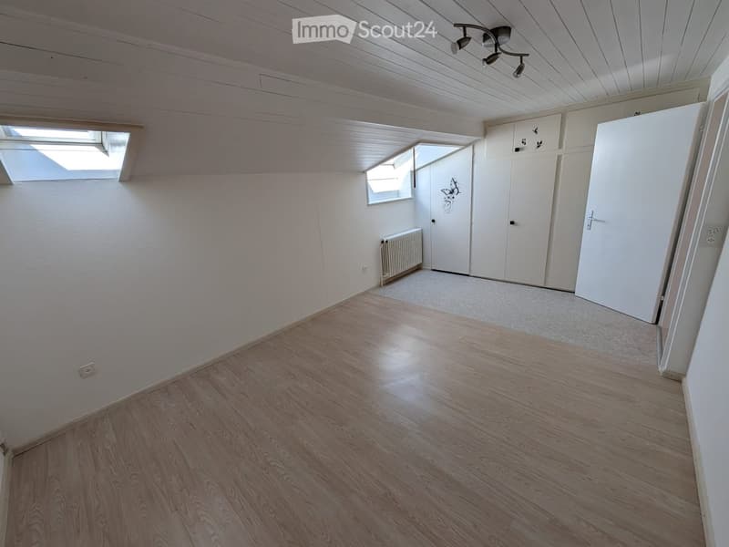 Empty room with wooden flooring, white walls, and white ceiling. Features include built-in wardrobes, a radiator, and skylight windows providing natural light.