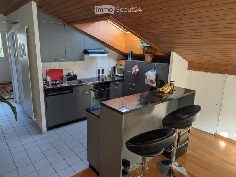 Modern kitchen with grey cabinets, stainless steel appliances, a central island with bar stools, and a skylight above.