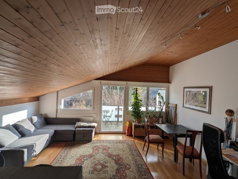 Living room with wooden ceiling, large windows, balcony access, sofa, coffee table, dining table, chairs, and plants.