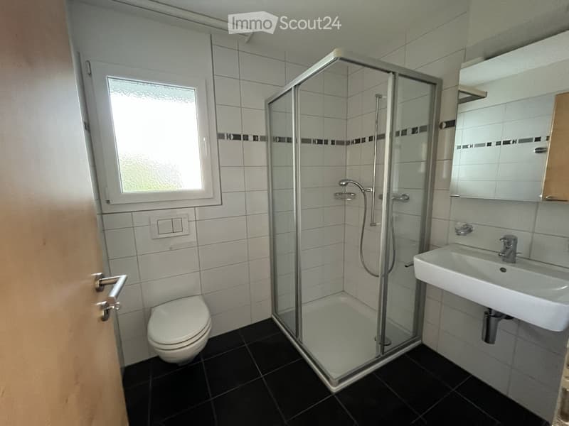 Modern bathroom with white tiles, black floor, glass shower enclosure, toilet, sink, and mirror.
